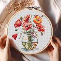 red poppies in glass vase cross-stitch pattern red flowers bouquet stitchery watercolor wildflowers chart pdf saga