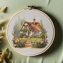 english house & garden cross-stitch pattern summer village in forest embroidery farmhouse countryside cross stitch chart