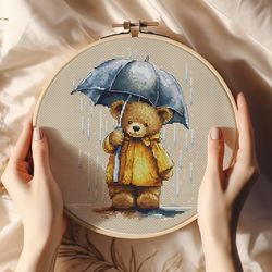 bear with umbrella cross-stitch pattern teddy bear in yellow raincoat embroidery chart cute autumn bear stitching