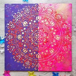 mandala abode of cosmic harmony textured vedic painting on plywood meditation wall decor sacred geometry art vegan decor