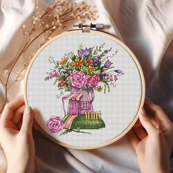 purple teapot house cross-stitch pattern wildflowers bouquet in teapot embroidery gnome floral house cross stitch chart