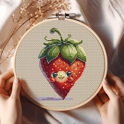 smiling strawberry cross-stitch pattern funny red strawberry chart pdf fruit lover cross-stitch stitchery kitchen decor