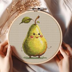 smiling pear cross-stitch pattern funny alive yellow pear embroidery chart funny fruit creature stitching pdf saga