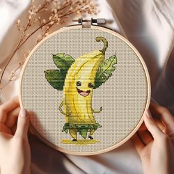 dancing banana cross-stitch pattern tropical fruit pdf chart crazy yellow banana in leaves skirt stitchery vegan decor