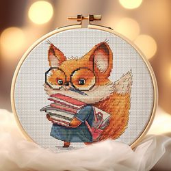 fox with books cross-stitch pattern clever fox student embroidery pdf bookish fox stitching back to school saga animal