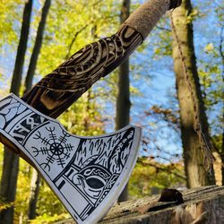 vikings axe - hunting, camping, norse, hatchet axe carbon steel blade with ashwood handle - ragner outdoor axe