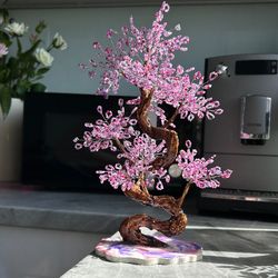 handcrafted oddly shaped wire bonsai tree with purple beads - decorative cherry blossom