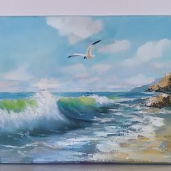 seagull over the sea oil painting on stretched canvas sea wave oil painting shore beach wall decor sun wave art seascape