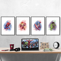 marvel avengers watercolour splash set of 4 prints