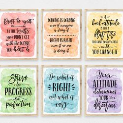 set of 6 prints, inspirational quotes printable, motivational wall art, rainbow classroom posters, teacher office decor