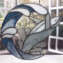 stained glass whale ornament, stained glass window hanging, stained glass whale suncatcher, stained glass moon, nautical