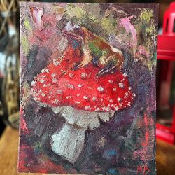 small oil painting mushroom with a frog