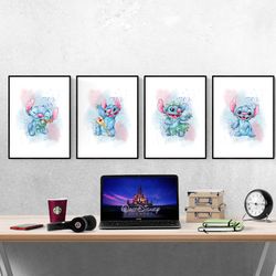 disney stitch watercolour set of 4 prints pictures wall art poster