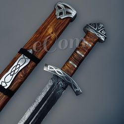 hand forged damascus steel viking sword sharp / battle ready medieval sword, lagertha viking sword with scabbard | gift