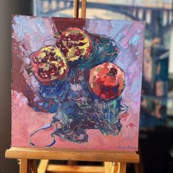 original oil painting art decor pomegranates and a string bag