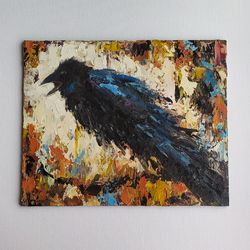 raven oil painting crow impasto mini painting animals painting birds painting palette knife technique texture painting