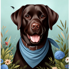 chocolate labrador in blooming garden