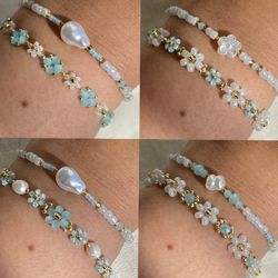 floral bracelet sets: light blue beads & pearls, custom sizing available-elegant & waterproof jewelry, dainty bracelets