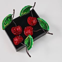 red cherry brooch, embroidered brooch, fruit brooch, beaded brooch