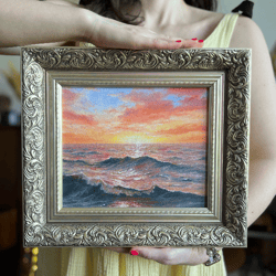 original oil painting with a red sunset