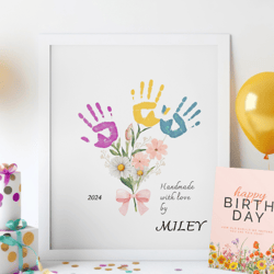 kid toddler birthday handprint keepsake flower bouquet baby boy baby girl printable diy activity, gift for mom dad,