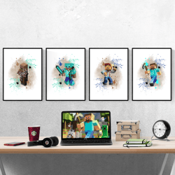 minecraft icons watercolour set of 4 prints wall art poster