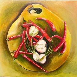 original oil painting on canvas. fresh hot peppers.
