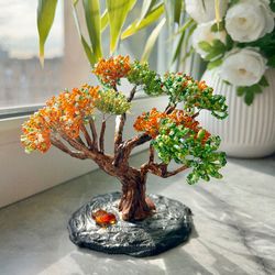 handcrafted beaded wire bonsai tree with natural amber crystal – unique handmade decor