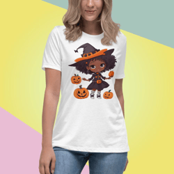 pumpkin halloween beautiful girl wearing a witches hat and around it the pumpkin women's relaxed t-shirt
