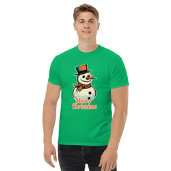 men's classic tee snowman is wearing a hat and scarf, in the style of vintage comic style