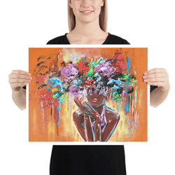 black woman art print faceless portrait poster face woman poster figurative art flowers art african american woman print