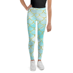 mermaid scales aqua teal & gold pattern youth leggings