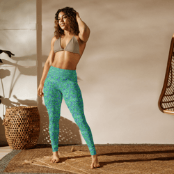 green and blue modern mozaic yoga leggings
