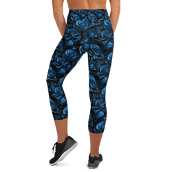 blue and black rose flowers seamless pattern yoga capri leggings