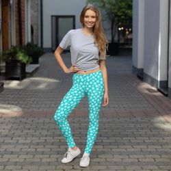 simple white and blue floral pattern leggings