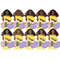 Clipart set of African American girls in yellow dresses and purple bags with a round ring-handle and a bouquet of pink flowers and holding a film camera. Variou