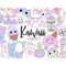 Set of kawaii pastel clipart for planner. Kawaii white women's backpack. Kawaii purple toy bird with a waffle cone on its head. Purple shoes on female legs. Cam