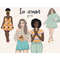 Set of pastel retro groove clipart with girls with ice cream. Women in groove dresses from the 80s, 70s. African American girls in retro clothes