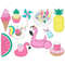 Pool Floats Clipart. Pink flamingo in yellow sunscreen floats, Pineapple Swimming Floating Bed, white unicorn float with coconut cocktail on it. Watermelon slic