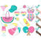 Pool Clipart Bundle. Strawberry margarita cocktail with lemon slice. Green baseball cap. Pink cocktail tube. Women's swimsuit with a print of multi-colored flow