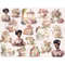 Watercolor clipart tea party. African American girls in Victorian dresses holding cups of tea. Teapots with flowers, cakes, a tea table with a rotunda in the ga