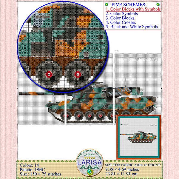 Cross stitch pattern of Leopard 2 tank