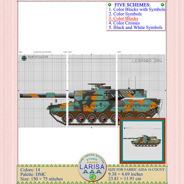 Leopard 2 tank cross stitch design