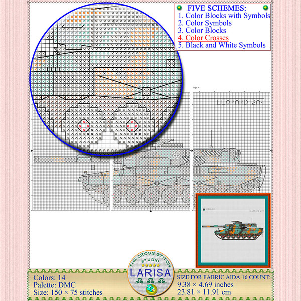 Intricate Leopard 2 tank cross stitch design with Bundeswehr insignia and camouflage