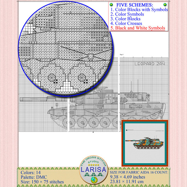 Detailed cross stitch pattern of the German Leopard 2A4 main battle tank