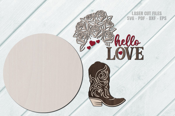 Valentine Cowboy Boot SVG - Valentine Door Hanger SVG - Laser Cut Files - Hello Love SVG - Valentine SVG - Glowforge Files - Cricut SVG Files