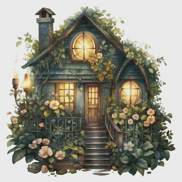 Cottage in Flowers - Cross Stitch Pattern - PDF Counted House Village - Fabulous Fantastic Magical House in Garden - 5 Sizes.png