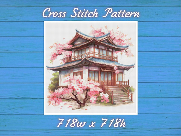 Cottage with Sakura Cross Stitch Pattern PDF Counted House Village Fabulous Fantastic Magical House in Garden.jpg