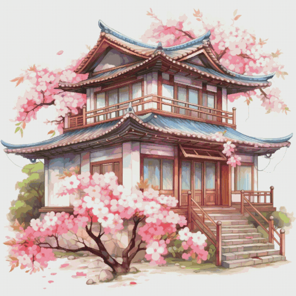 Cottage with Sakura Cross Stitch Pattern PDF Counted House Village - Fabulous Fantastic Magical House in Garden - 5 Sizes.png