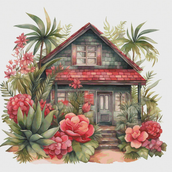 Cottage in Flowers - Cross Stitch Pattern - PDF Counted House Village - Fabulous Fantastic Magical House in Garden - 5 Sizes.png